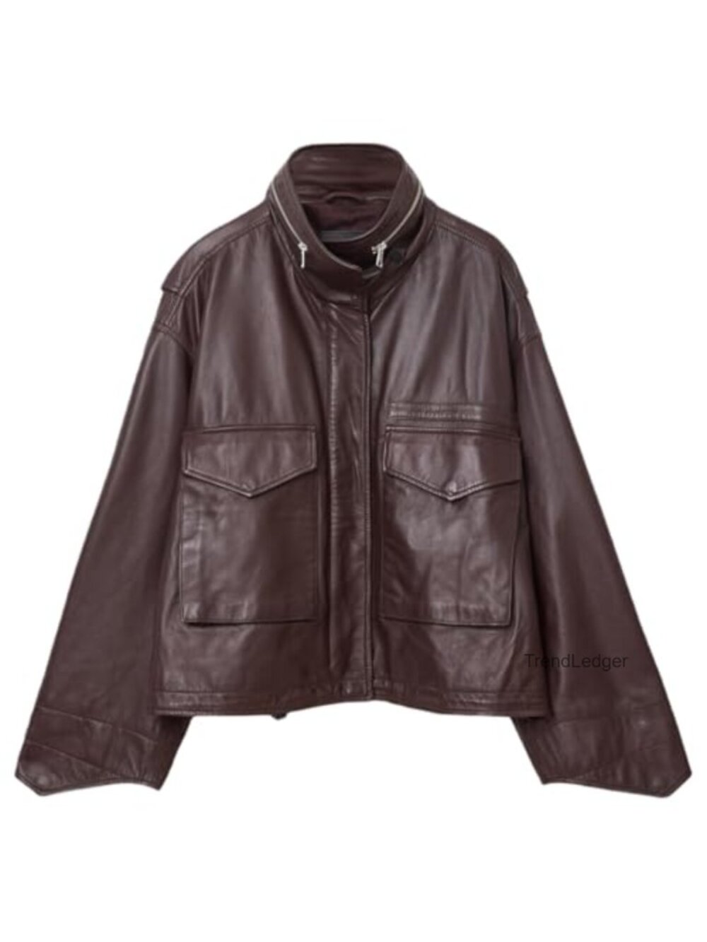 Cropped Genuine Leather Jacket Funnel Neck Zip Closure - Picture 2 of 6
